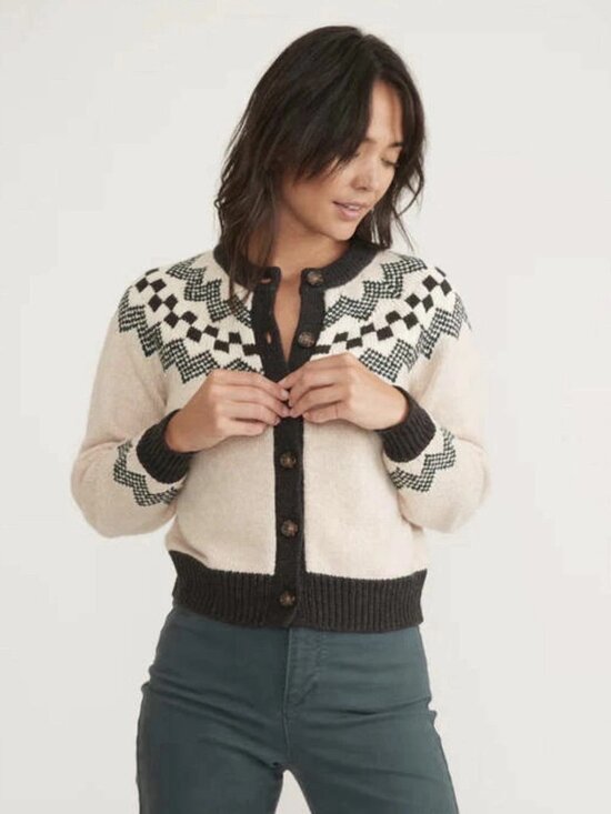 Marine Layer Sweaters - Marine Layer Womens Ava Fair Isle Wool Blend Knit Cardigan In Oatmeal Heather-S